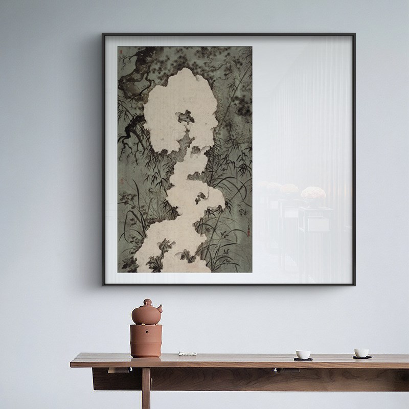 新中式餐厅玄关装饰画客厅太湖石禅意挂画酒O店民宿别墅侘寂风壁图片