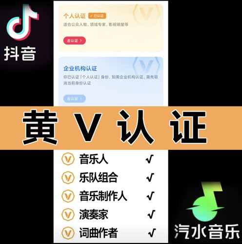 抖音 音乐人黄V标识申请dy音乐人歌手抖 音乐制作人汽水音乐人