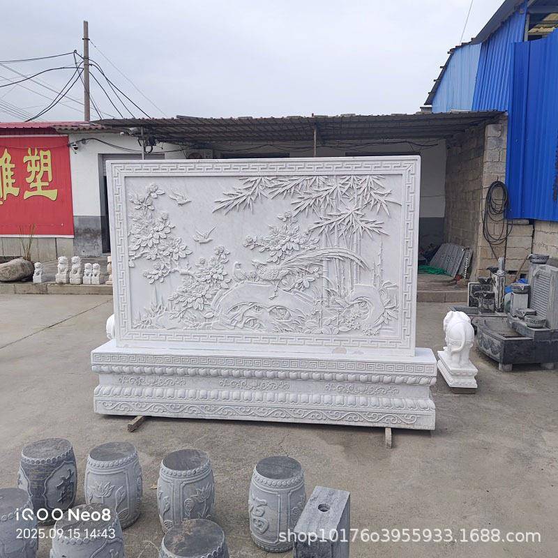 大理石中式别墅庭院仿古背景墙照壁浮雕石雕影壁天然青石透雕