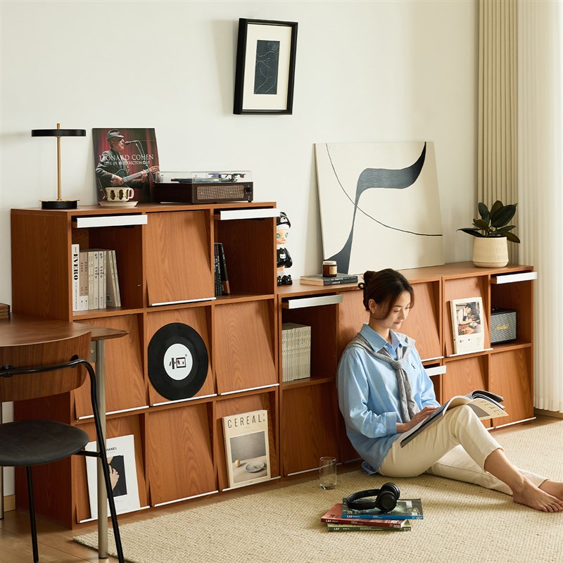 小四实木单个书柜客厅家用落地自由组合书架中古风黄杨木色矮书柜