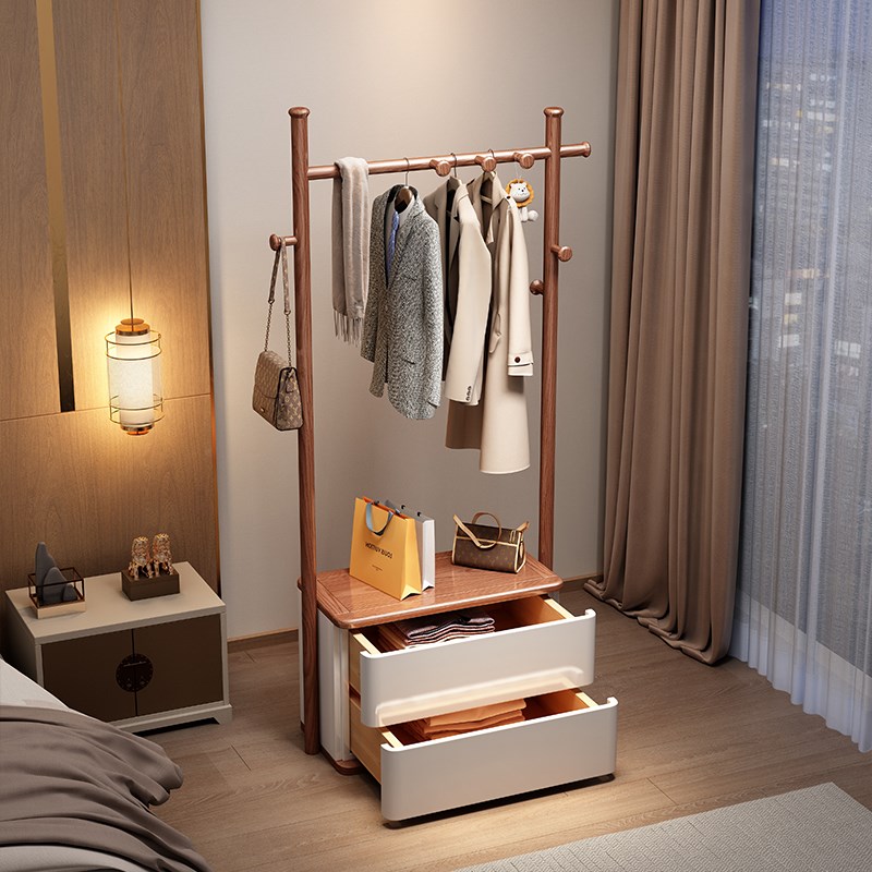 全实木衣帽架家用落地挂衣架可坐卧室轻奢简约衣服架床头柜一体式