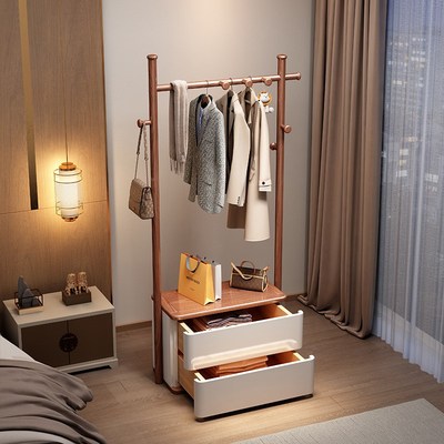 全实木衣帽架家用落地挂衣架可坐卧室轻奢简约衣服架床头柜一体式