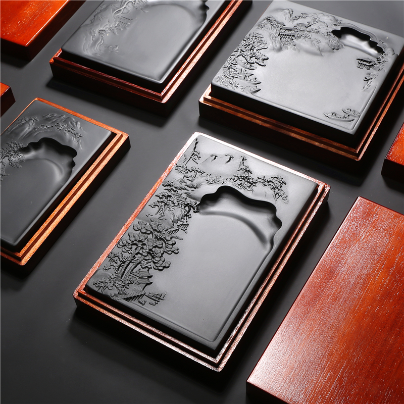 精品歙砚名师设计山水砚台老坑原石书法绘画文房礼品配木盒端砚