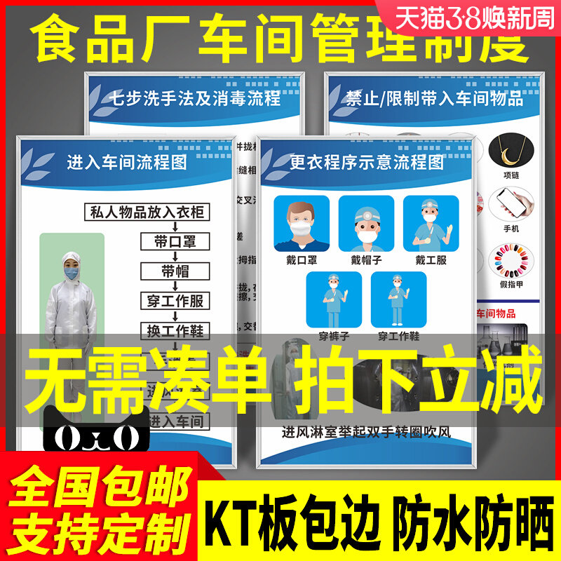 食品安全管理规章制度上墙洗手消毒更衣流程图标识牌卫生检查标语