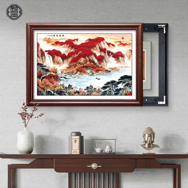 鸿运当头电表箱玄关装饰画国画山水画电箱装饰遮挡免打