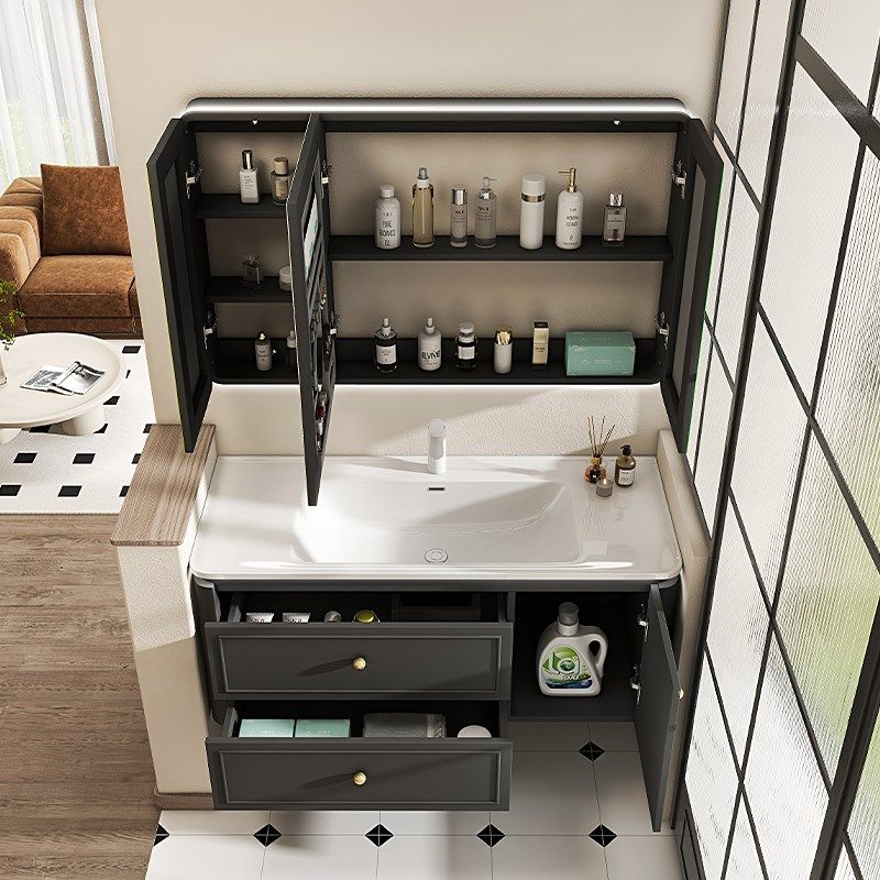橡木浴室柜黑色法式洗漱台陶瓷一体盆洗手台柜洗手盆