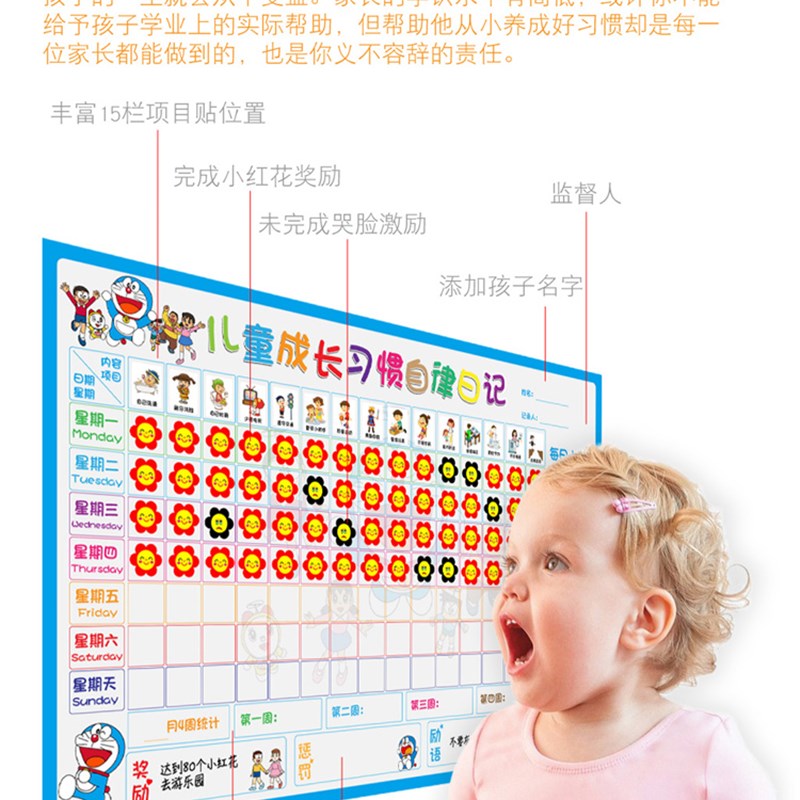 儿童成长自律表幼儿生活学习计划习惯记录表家用表扬小红花墙贴