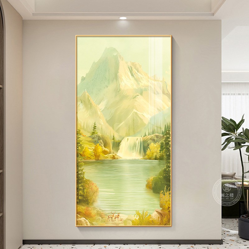 聚宝盆玄关山水画现代高档大气走廊尽头挂画日照金山客厅壁画
