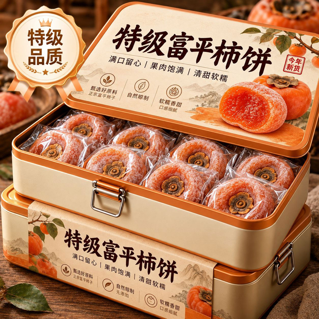 天猫甄选！陕西特级富平柿饼官方旗舰店独立包装霜降流心吊柿子饼