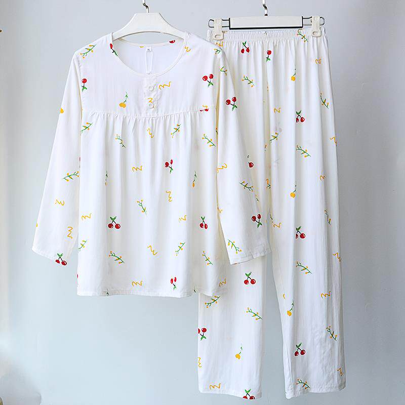 睡衣女春夏薄款绵绸长袖长裤空调服两件套人棉凉感家居服棉绸套装
