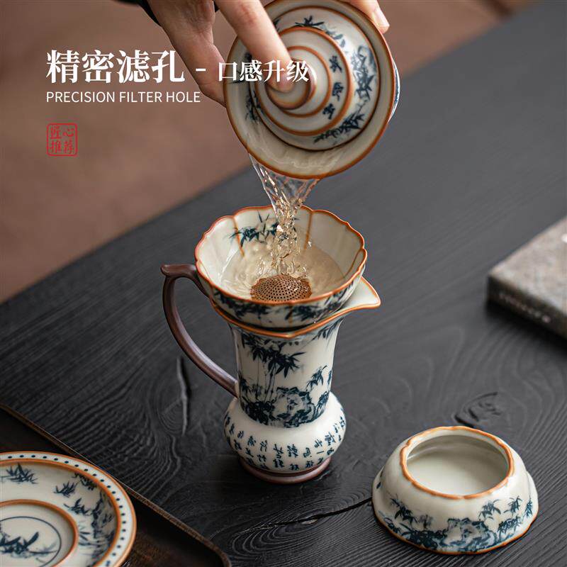 青花汝窑竹节三才盖碗茶杯功夫茶具家用单个高档国风不烫手泡茶碗