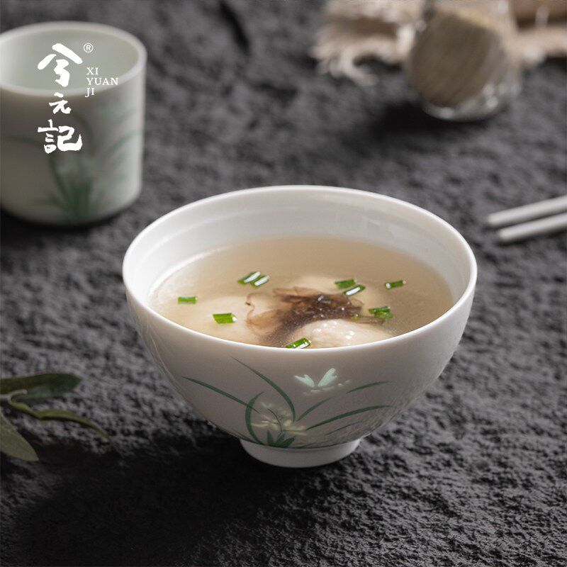 釉下彩手绘玲珑米饭碗家用陶瓷特别漂亮吃饭的碗白瓷斗笠餐具礼物