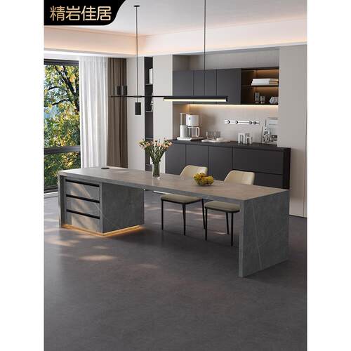 意式极简齐平款岩板岛台餐桌一体家用高级灰中导台餐厅倒台加餐桌