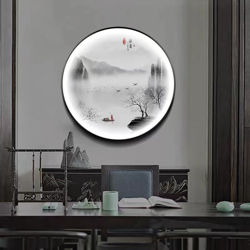 新中式玄关装饰画餐厅圆形带灯画茶室背景墙水墨山水挂画走廊壁画