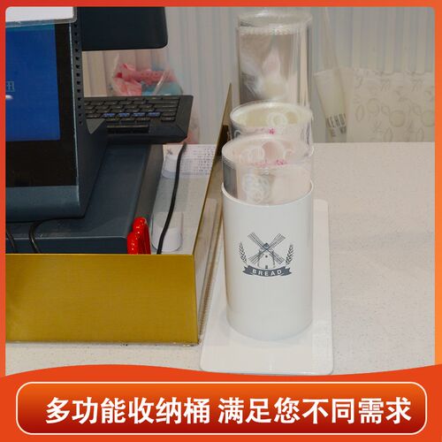 面包蛋糕店包装袋分装筒收银台吧台吸管勺子纸巾垫盘纸收纳不锈钢