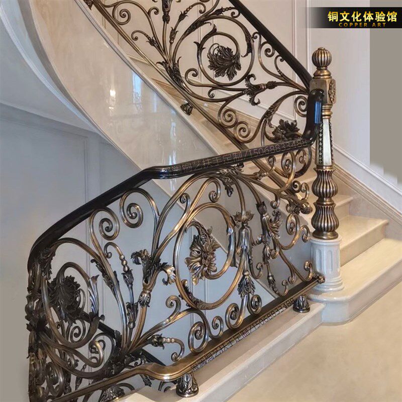 豪华别墅铜艺旋转楼梯扶手护栏金属镀金高端欧式护栏法式复古栏杆