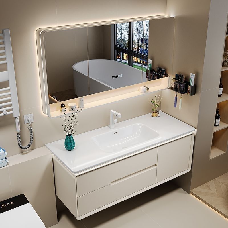 奶油风岩板热弯一体盆橡木烤漆浴室柜洗脸盆洗漱台洗手盆