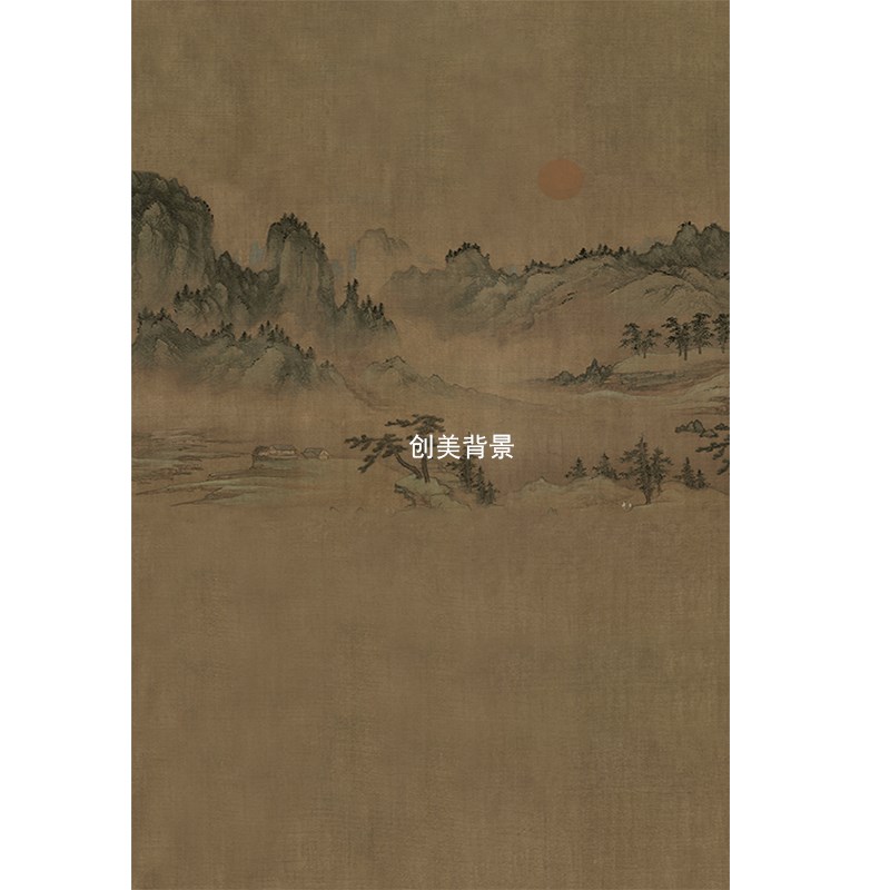 创美影楼古画山水复古全家福写真背景纸影棚一家六口亲子拍照背景