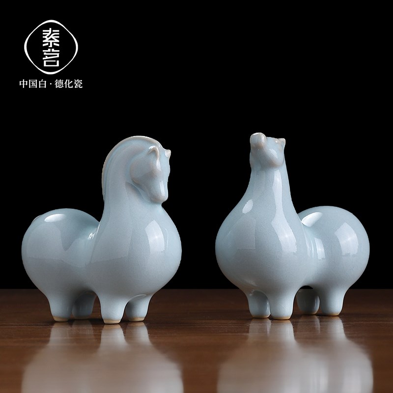 素茗汝窑陶瓷马摆件工艺品办公室工位桌面唐马装饰小精致解压礼物