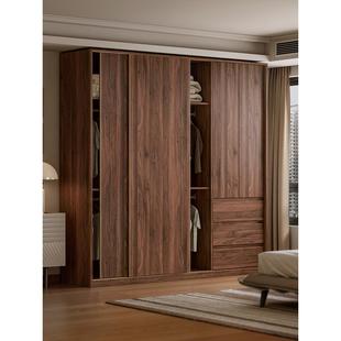 全实木定制衣柜胡桃木色推拉门ENF级家用卧室移门趟门收纳大衣橱