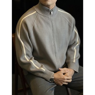 简素Design复古条纹半高领拉链针织外套休闲宽松男毛衣开衫 秋冬季