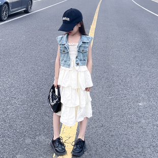 女童夏装套装2023新款大儿童牛仔马甲夏季小孩吊带裙两件套洋气潮