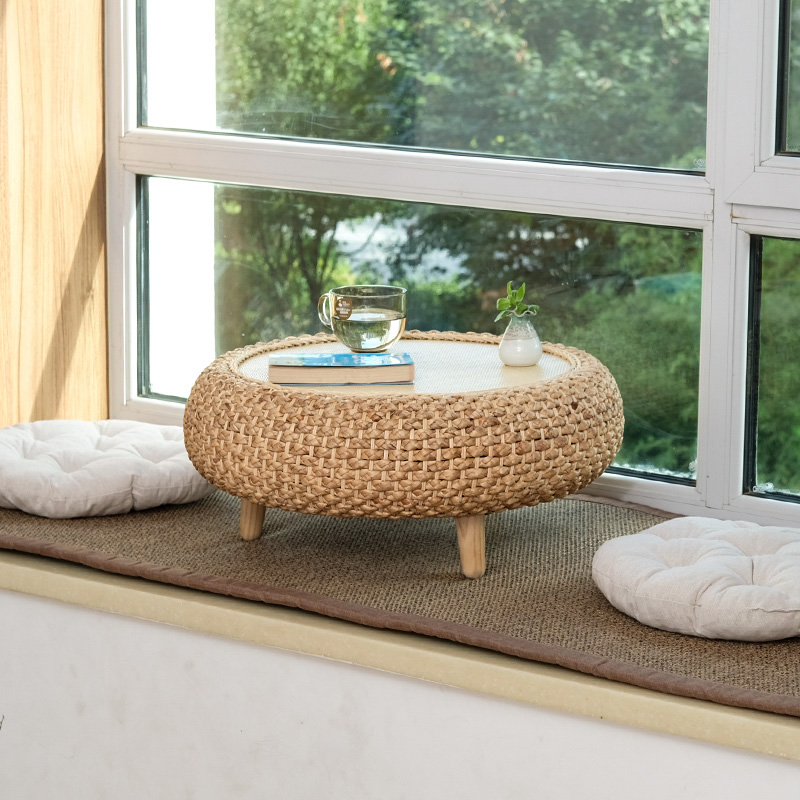 藤编飘窗小茶几家用阳台实木炕桌可储物创意圆矮桌日式榻榻米桌子