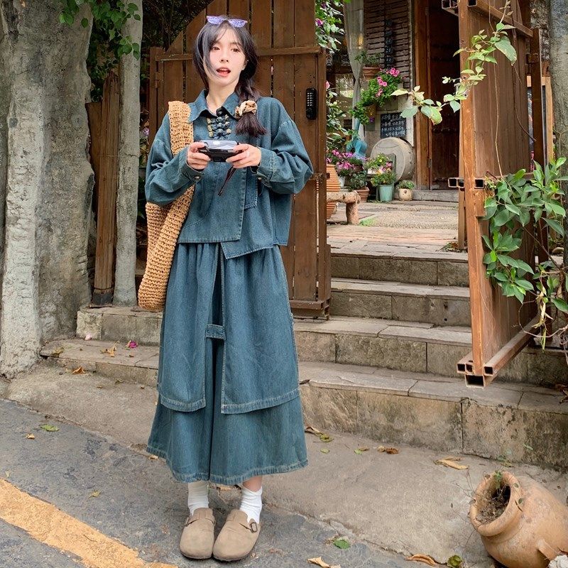 大码女装秋冬新款国风盘扣叠层牛仔衬衫+高腰双层阔腿牛仔裤套装,女装/女士精品,大码套装,淘宝优惠券,粉丝福利购,淘宝优惠卷