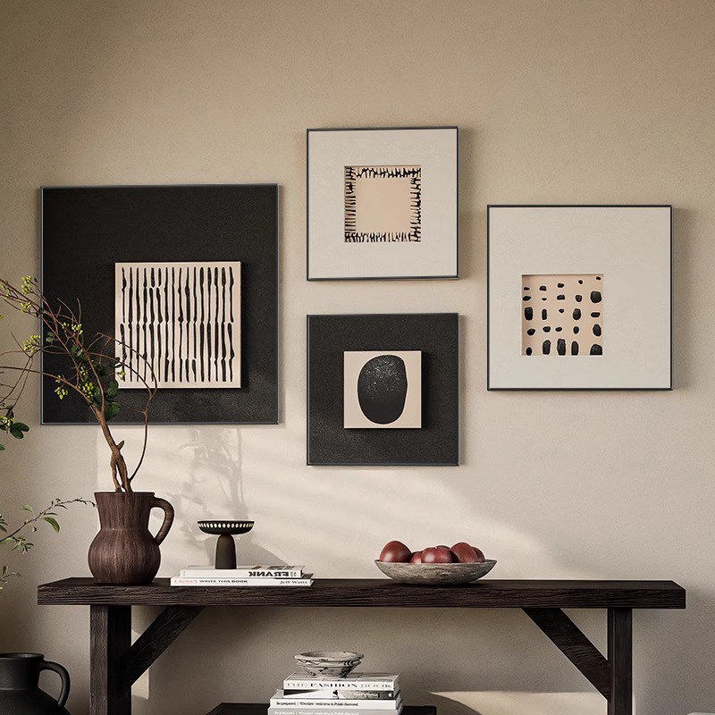 中古风极简黑白客厅装饰画立体感沙发背景墙挂画复古餐厅组合壁画图片