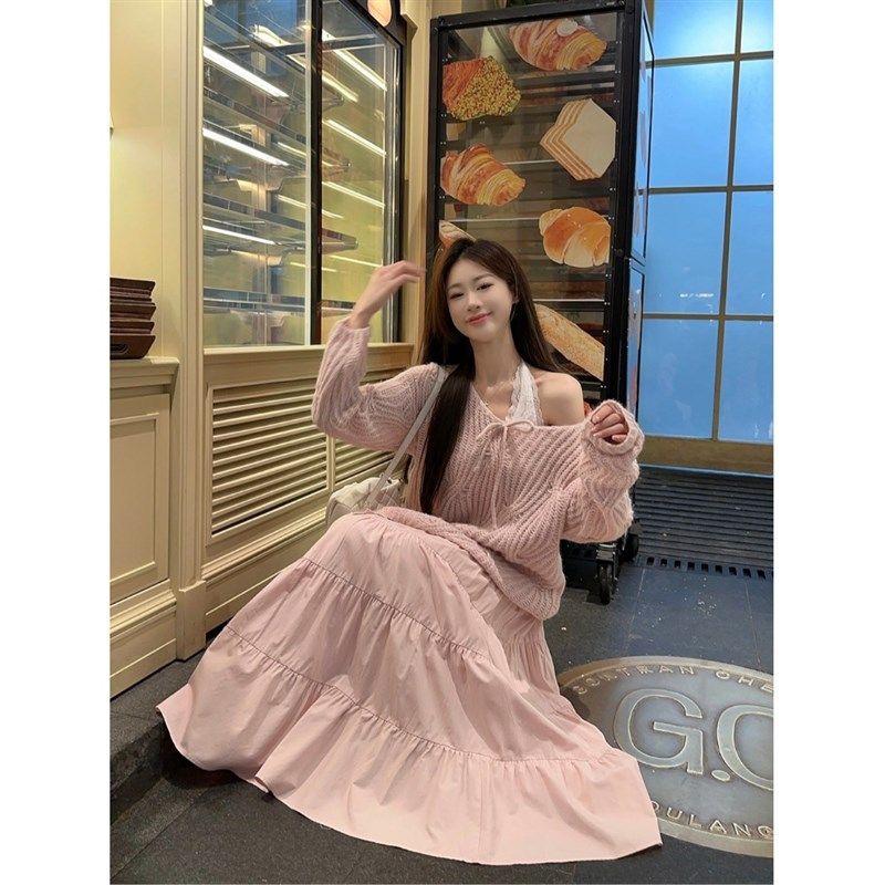 蝴蝶结宽松长袖针织毛衣蕾丝吊带背心粉色半身裙女秋季时尚套装潮,女装/女士精品,时尚套装,淘宝优惠券,粉丝福利购,淘宝优惠卷