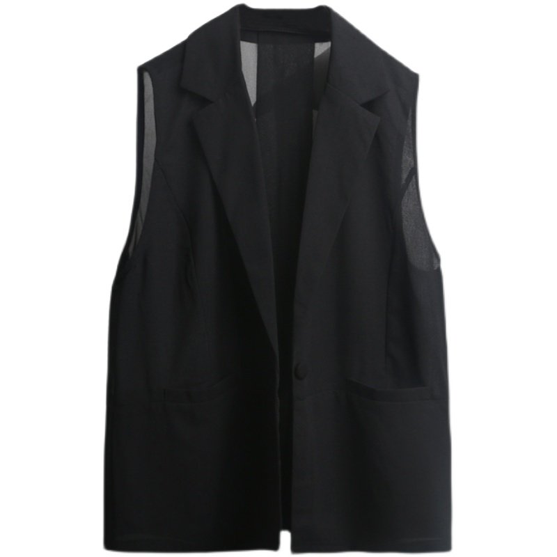 夏季薄马甲女士外搭黑色轻薄小西装宽松背心马夹短款夏天雪纺上衣