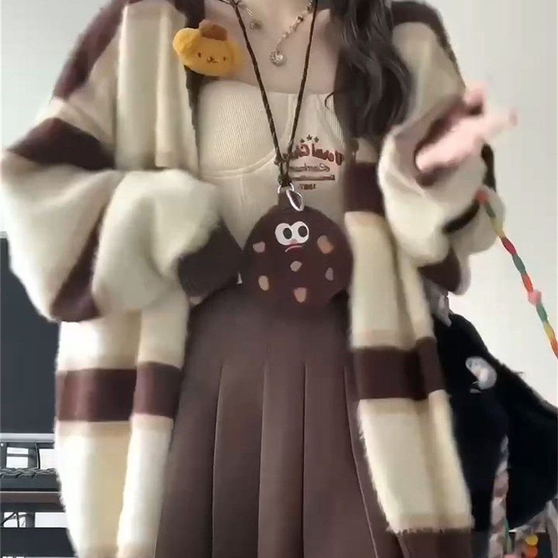 三件套装毛绒拼色针织开衫毛衣外套女学生百褶半身裙叠穿吊带上衣,女装/女士精品,时尚套装,淘宝优惠券,粉丝福利购,淘宝优惠卷