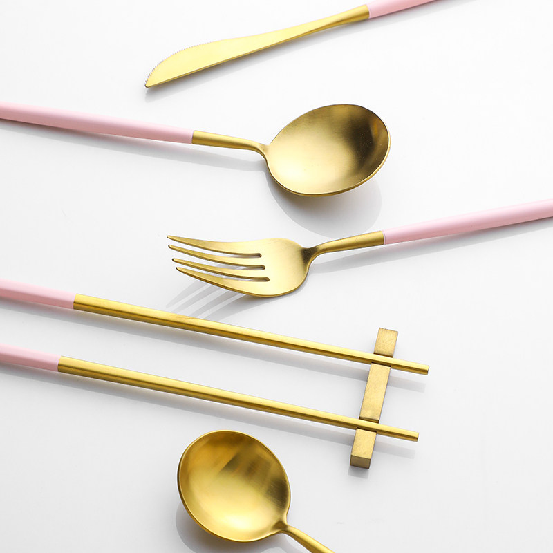 北欧风家用304不锈钢桃粉金西餐刀叉勺子筷子四件套餐具套装全套,餐饮具,西餐餐具套装,淘宝优惠券,粉丝福利购,淘宝优惠卷