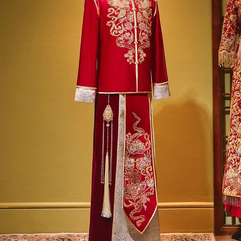 缎面秀禾服男士新郎2023冬季结婚新款中式礼服宽松大码高端迎亲服