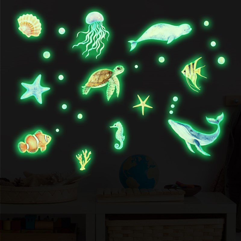 夜光海洋生物小鱼海星气泡贴画家庭儿童房间夜晚发光墙面装饰贴纸图片