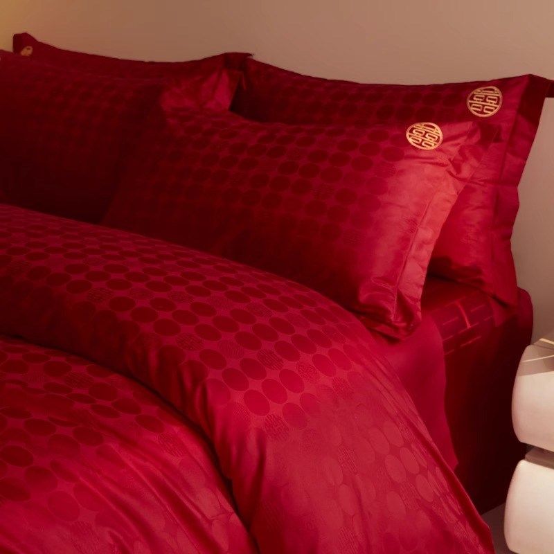 高档简约婚庆四件套大红色陪嫁床单被套纯棉结婚床上用品婚房喜被