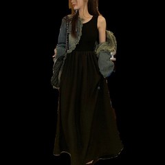 大码女装秋冬新款胖妹妹背心连衣裙复古毛边流苏短款牛仔外套套装
