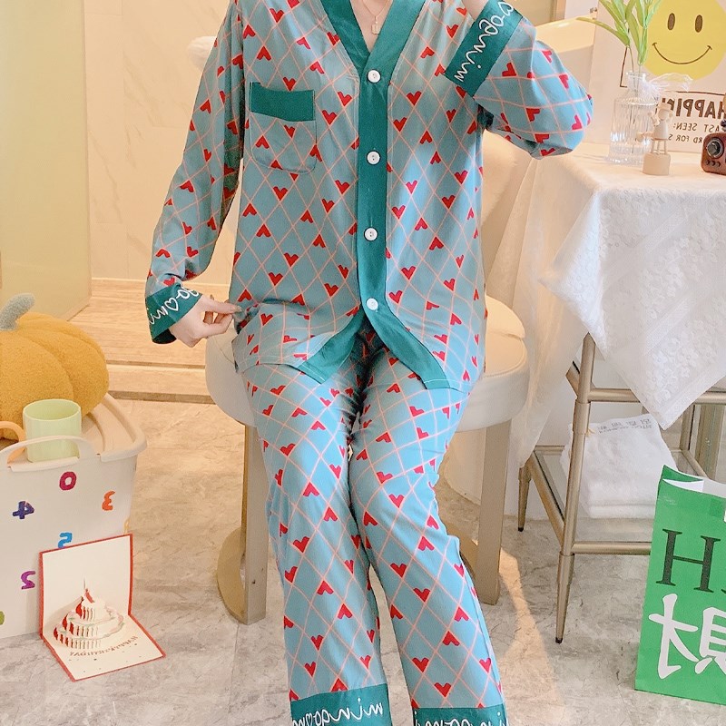 睡衣女春秋季长袖长裤棉绸薄款公主风V领绵绸两件套夏天家居服