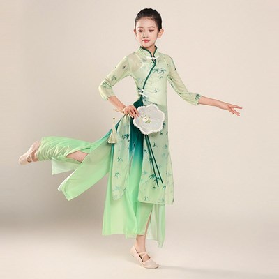 六一儿童旗袍演出服中国风扇子舞蹈服女童古典舞飘逸纱衣表演服装