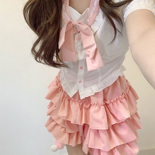 少女感套装 短袖 学院风粉色半身裙甜美蝴蝶结收腰撞色衬衫 衬衫 夏季
