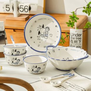 山姆优选吃饭碗家用碗卡通碗盘勺套餐双耳碗餐具一人食釉下彩奶黄