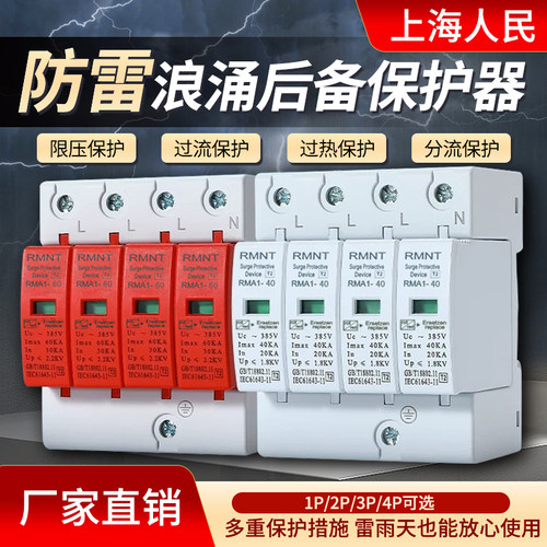 浪涌保护器单相光伏2P家用电源防雷器三相4P避雷电涌开关上海人民