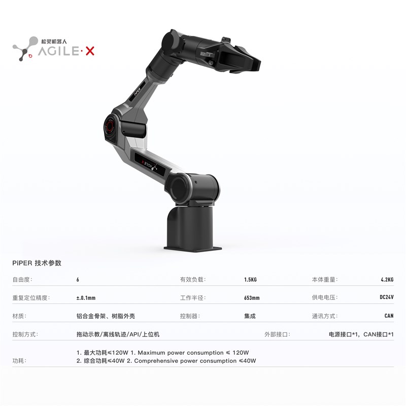 松灵新品PiPER六轴轻量级教育科研场景ROS协作开源灵活机械臂