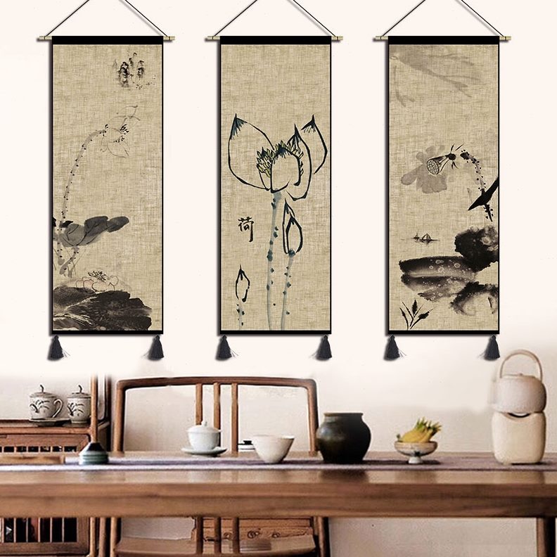 挂布楼卧室装饰水墨走廊茶定制荷花民宿中式壁画布艺画玄关布挂画图片