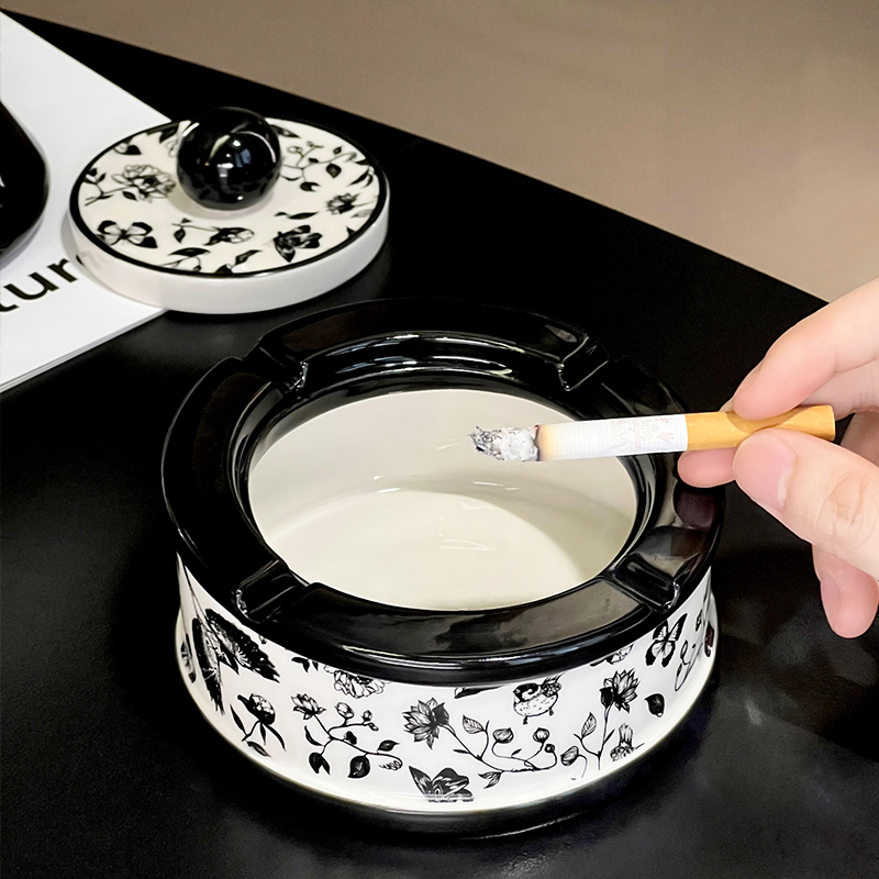 尊慕斯轻奢烟灰缸客厅茶几办公室带盖防飞灰水墨画创意中古风烟缸