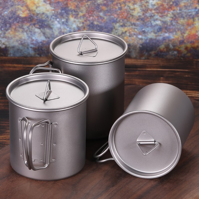 钛工匠户外纯钛斜柄平盖水杯马克杯带把手可加热家用野营便携环保