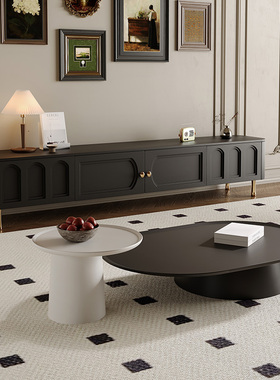 法式复古电视柜茶几组合现代简约客厅地柜黑色高级感家俱客户矮柜