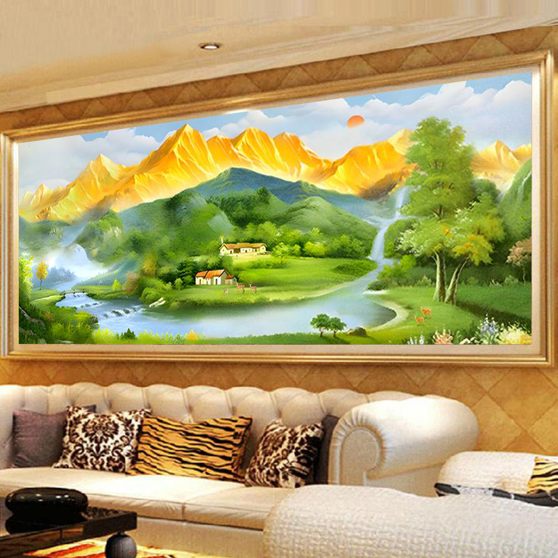 宣绒布钻石画满钻2024新款日照金山客厅5d贴钻十字绣钻石绣风景