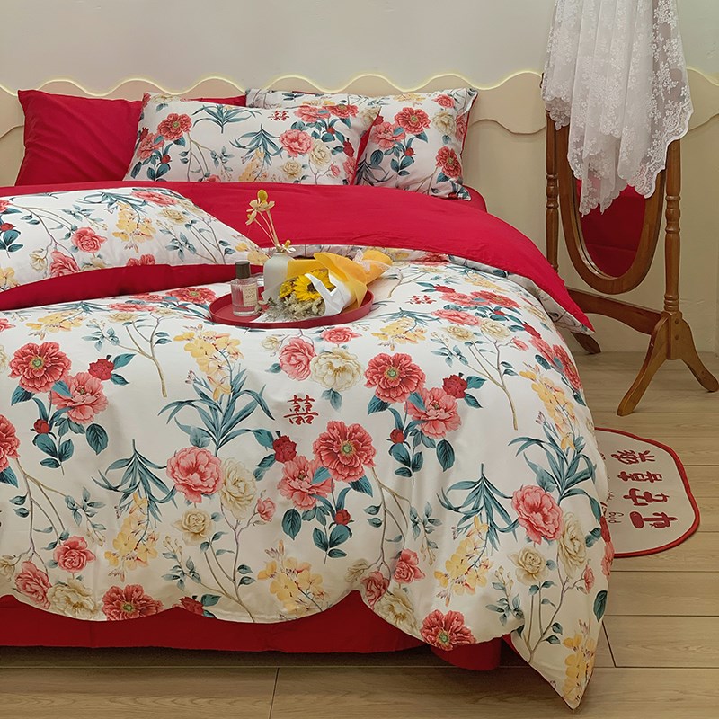 简约清新印花囍结婚庆全棉四件套60支纯棉红陪嫁娶床上喜被套床单