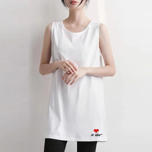 秋冬叠穿卫衣露白边纯p棉中长款白色背心女无袖T恤屁帘子打底吊带